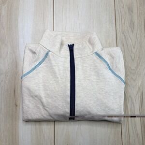 WEARS WOODY Adult Performance Quarter Zip Sweater Beige Blue Medium Logo USA